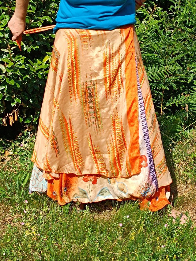 Jupe indienne Portefeuille, Réversible, longue (90cm) en Polyester, 2 volants, taille unique