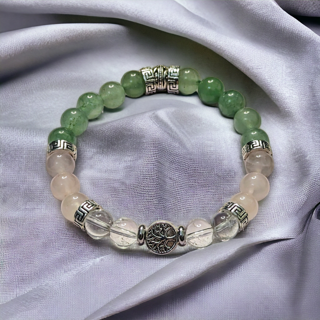 Amour et Confiance en soi / Bracelet Quartz rose - Cristal de Roche - Aventurine Verte -8mm