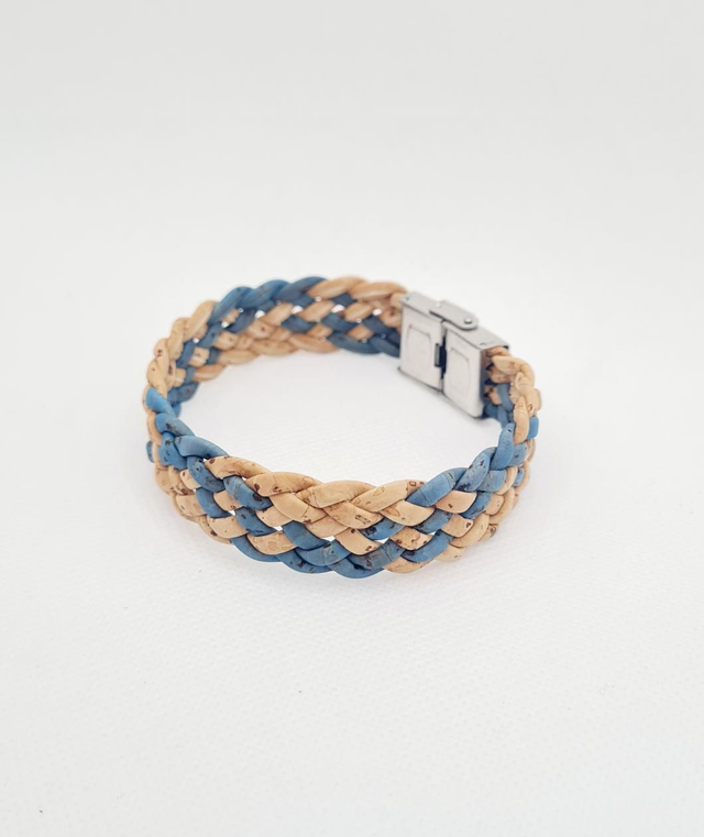 Bracelet manchette "lagon" unisexe en liège naturel et bleu noirci tressé, fermoir en acier inoxydable argenté 
