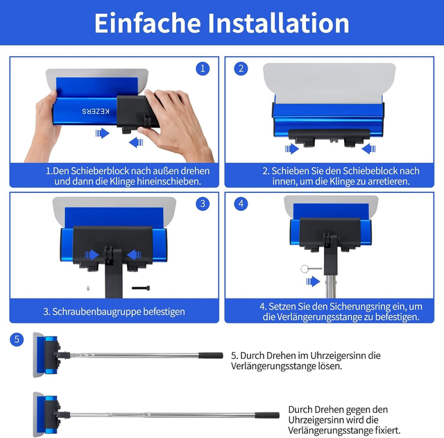 KEZERS Flächenspachtel-Set – 4 Spachtel mit Teleskopstange & Koffer