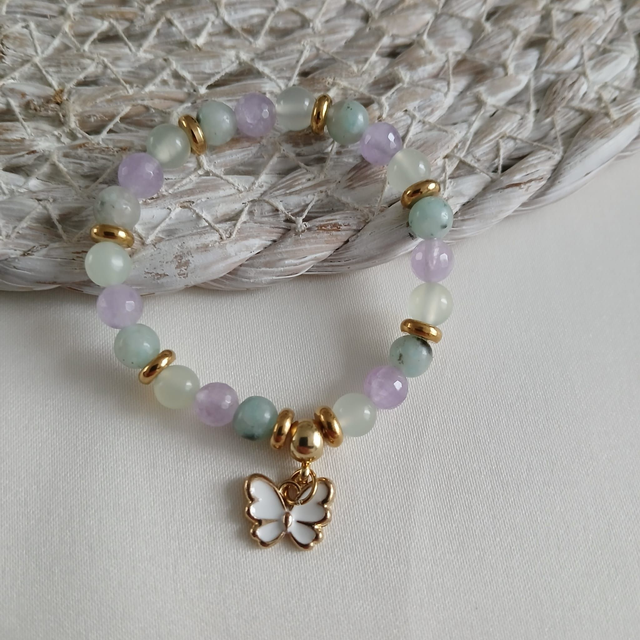 Meisjes armband met Kiwi Jaspis, Jade &amp; Lavendelkwarts “Vlinderdroom” (3.059)
