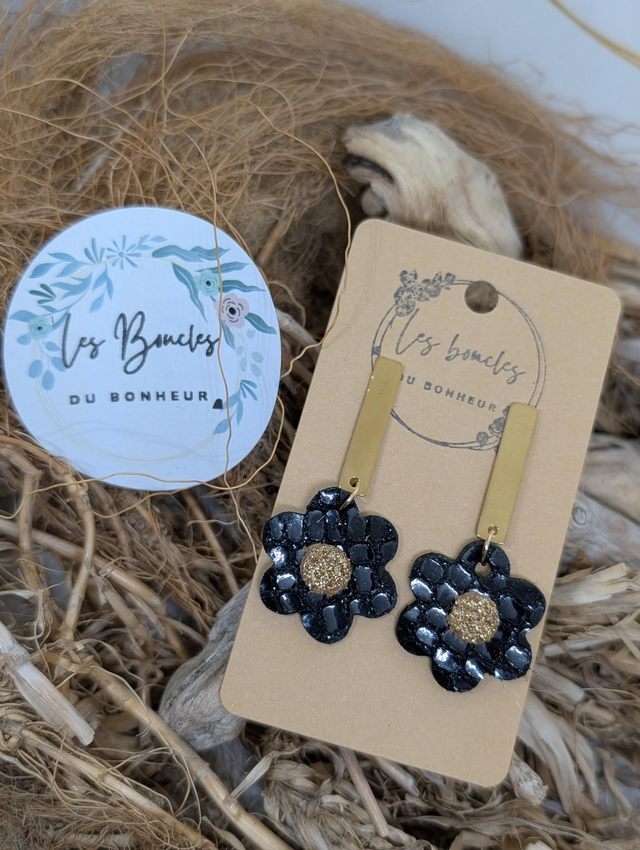 Boucles d&#039;oreilles fleur rétro m1115 noir doré 