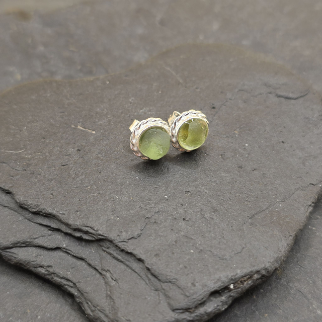 925 Studs Rope Edge Sterling Silver and Seaglass