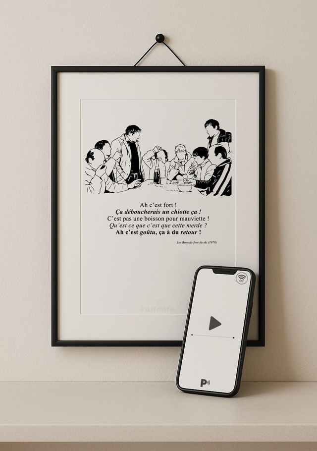 Affiche minimaliste connectée cinéma Les bronzés font du ski | la liqueur d'échalote  (Audio ou Vidéo inclus)