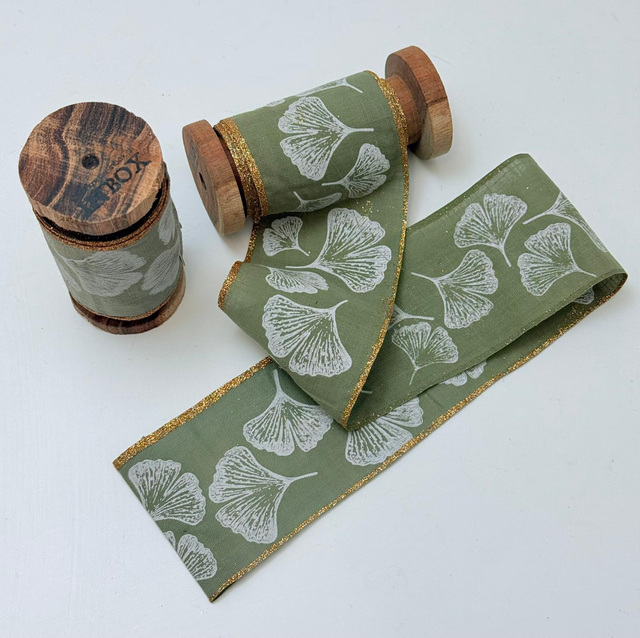 Baumwollband mit Goldrand Ginko grün / 2m