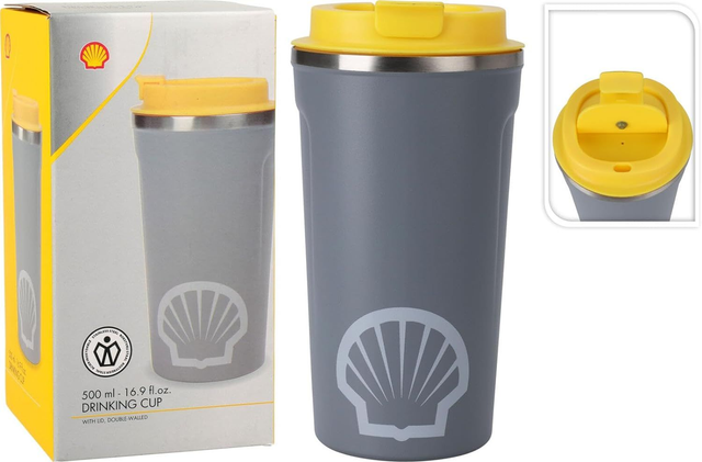 Shell Tasse à boire - Bouteille d'eau pour aller - 500ml - Sans BPA - Gris/Jaune