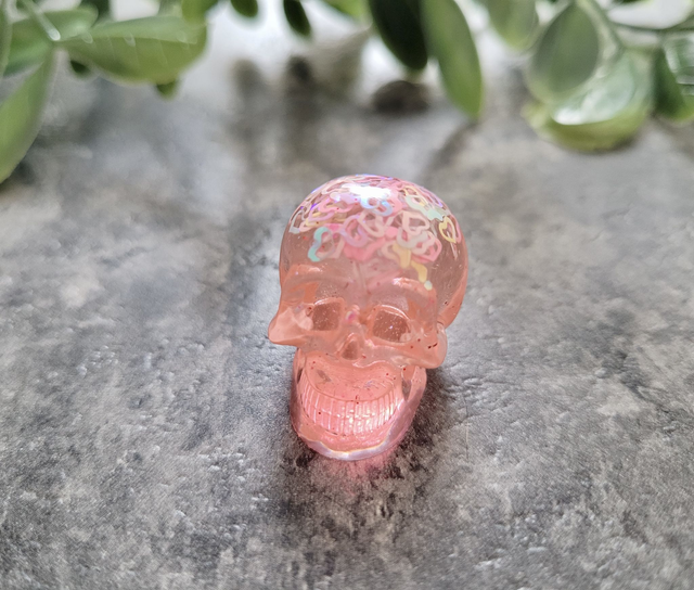 Skull Ornament - Mini - Peachy Pink with Holographic Stars 