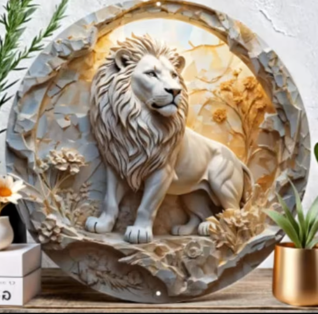 Vintage rond metalen bord Staande Leeuw (20cm)