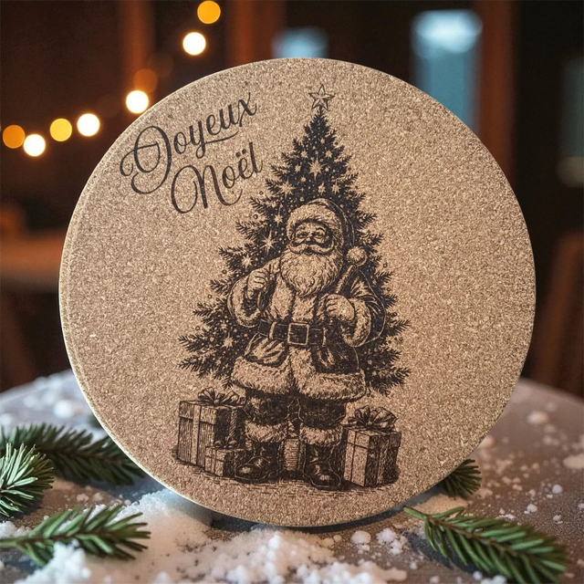 Dessous de plat liège - Joyeux Noël père Noël et sapin avec cadeaux