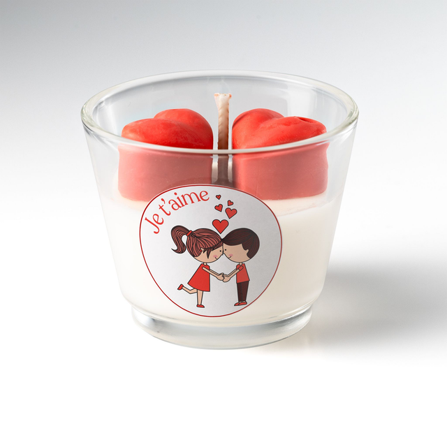 Bougie artisanale parfumée en cire de soja naturelle décorée 2 cœurs – Idée cadeau Saint-Valentin pour les amoureux, petit(e) ami(e), femme, mari (V3)
