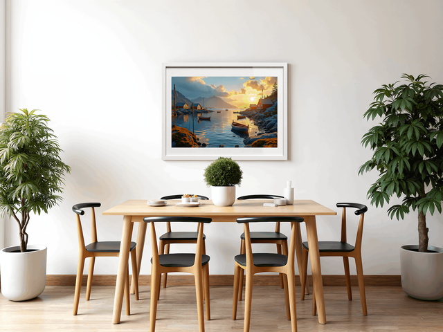 Tableau Village Nordique – Soleil de Minuit | Photo Encadrée Qualité Musée, Décoration Murale Apaisante