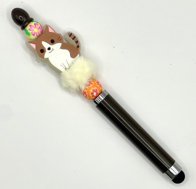 S72 - Stylo à perles chat blanc et marron