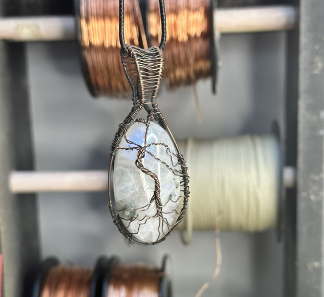 “Tree of life”Rainbow moonstone pure copper wrapped pendant 