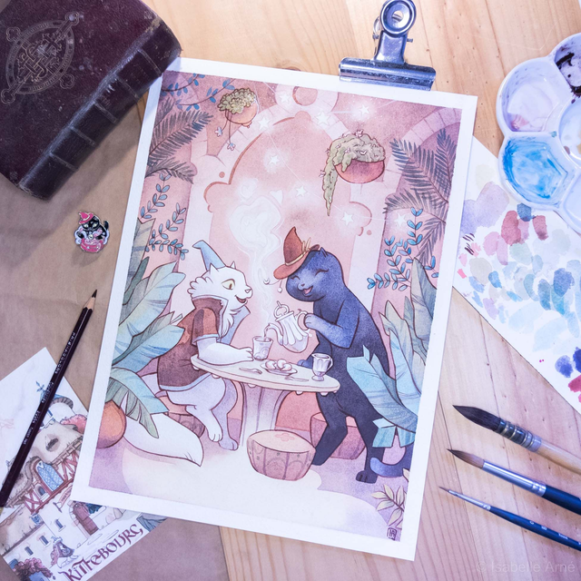 Aquarelle Originale - Kitty et Fluffy prennent le thé