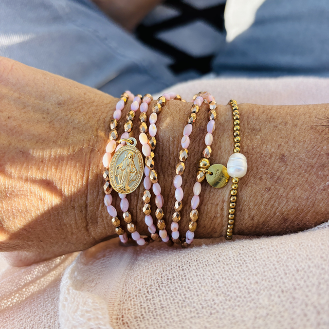 Bracelet 6 tours et Collier Médaille Miraculeuse - Nacre rose