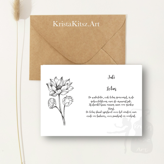 Ansichtkaart Juli Lotus met tekst | inclusief envelop of postkaart | zwart wit tekening illustratie