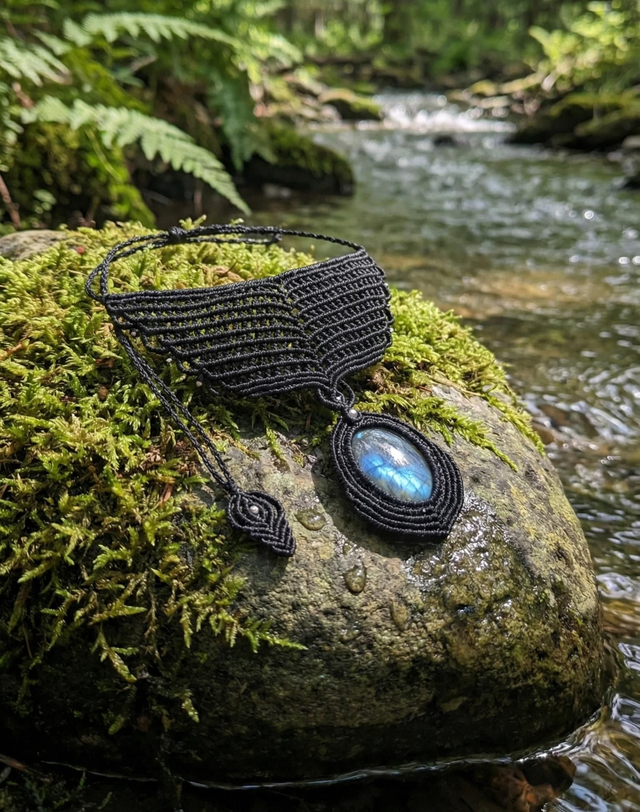 Colar em micromacramê com labradorita 