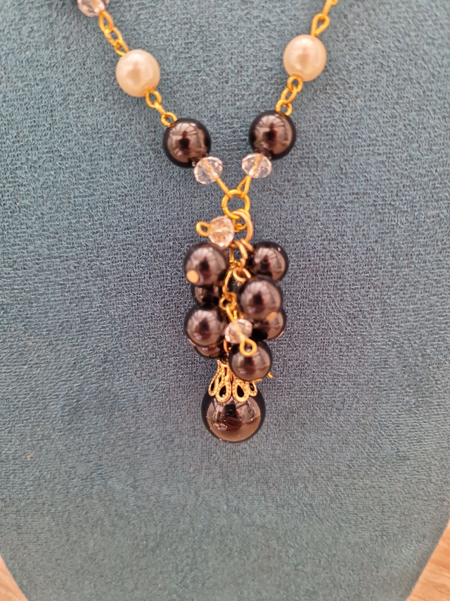 Collier Sautoir Grappe Doré Noir Et Blanc Cristal