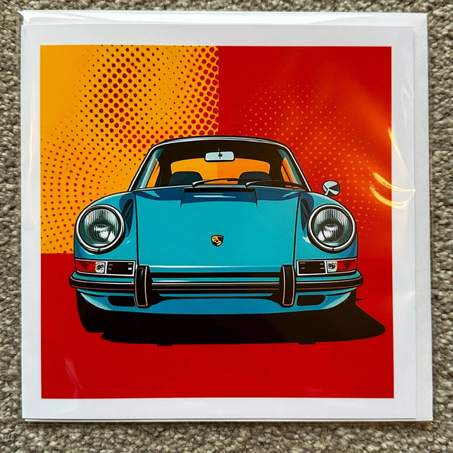 Classic Porsche 911 Retro Pop Art Greeting Card – Car Enthusiast Gift, Bold & Colourful Design for Birthdays, or Any Occasion