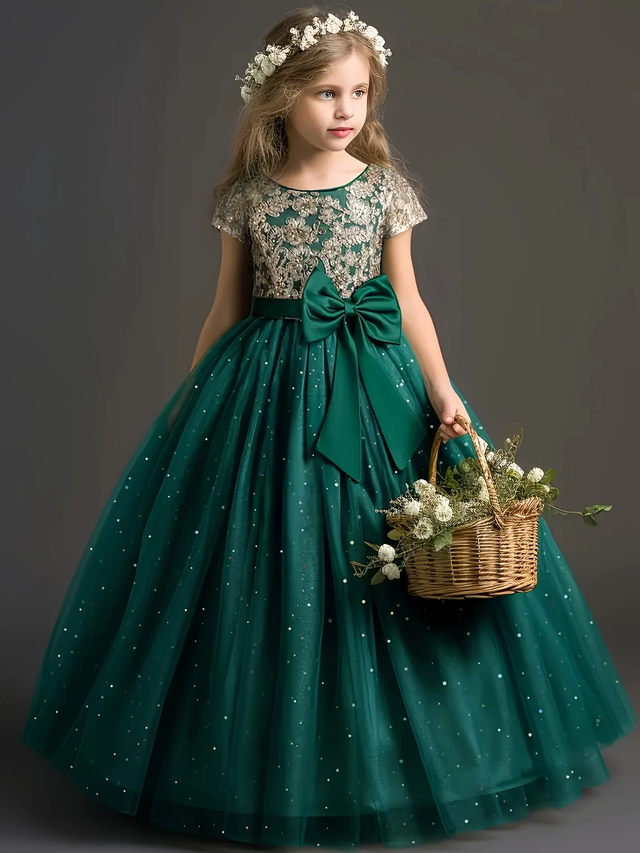 Girls, 1pc Princess Bridesmaid Dress, Embroidered Lace Princess Dress 