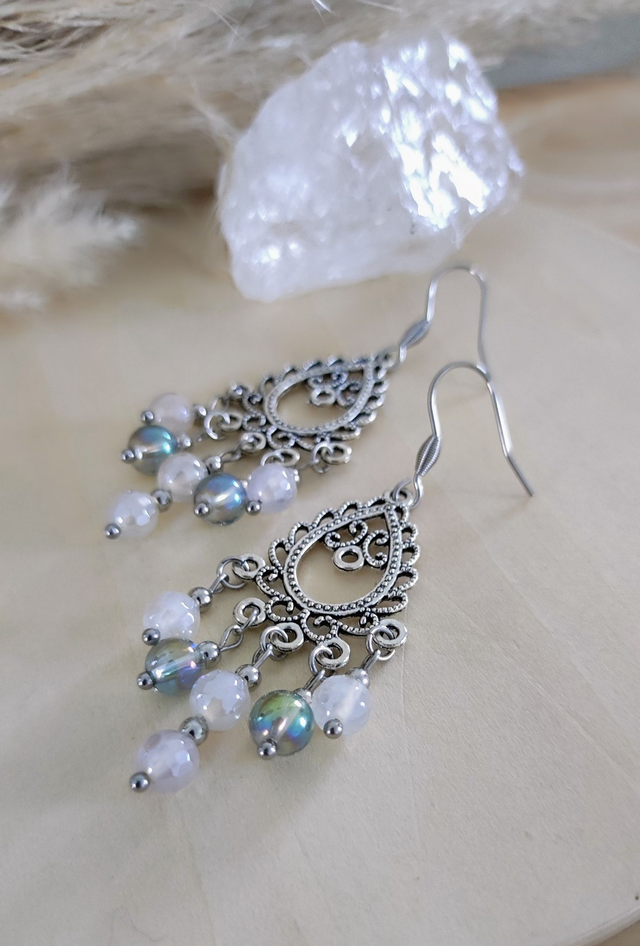 Boucles d'oreilles "Bohème" Agate blanche facettée