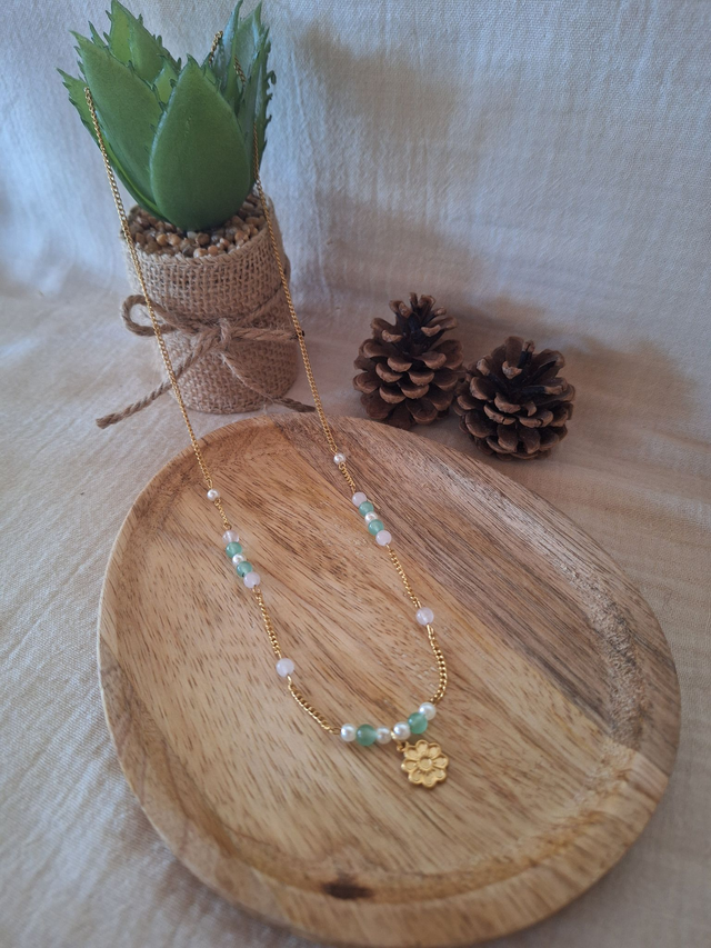 Collier aventurine, quartz rose et fleur