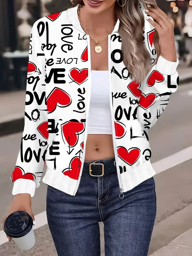 Women's Elegant Heart Pattern Print Long Sleeve Zipper Pocket Jacket