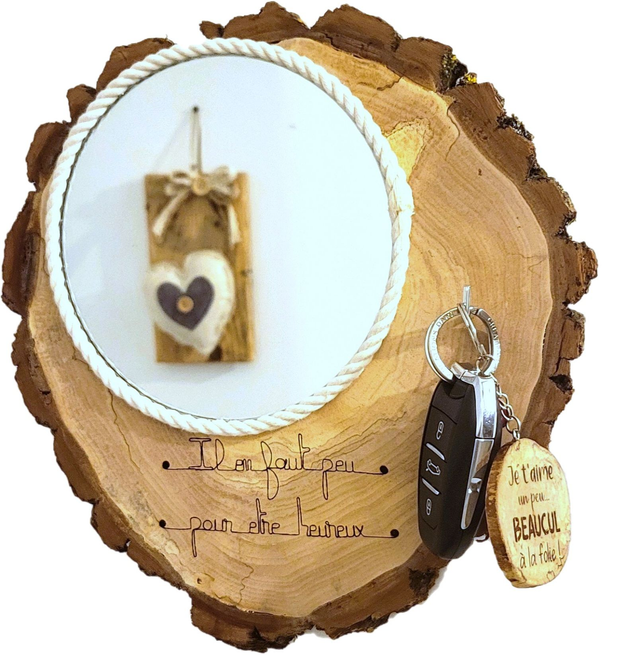 Support clés en bois avec miroir rond