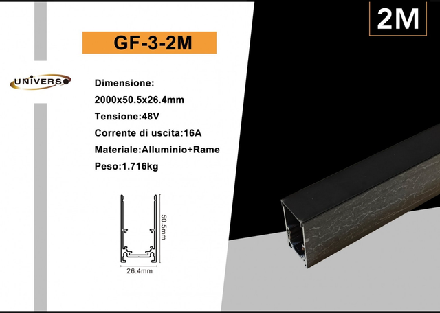 Binario Elettrificato Magnetico a Superficie o Sospeso, Nero - 48V, 2 Metri