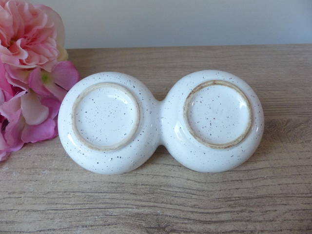 Ensemble vintage salière et poivrière en céramique blanche mouchetée avec oies et foulards bleus – décoration de table maison de campagne