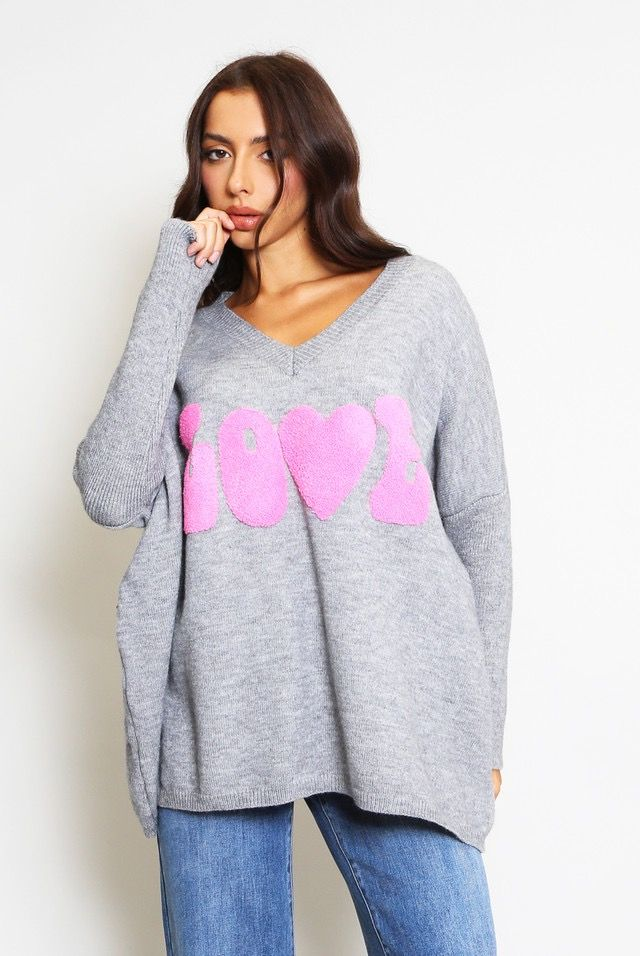 LOVE Slogan Jumper - Grey / Pink
