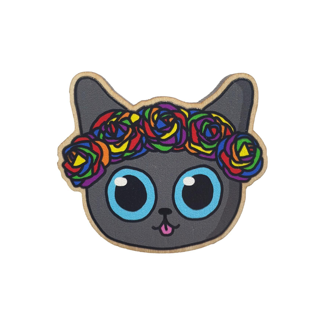 Rainbow Flower Crown Cat Wooden Pin Badge