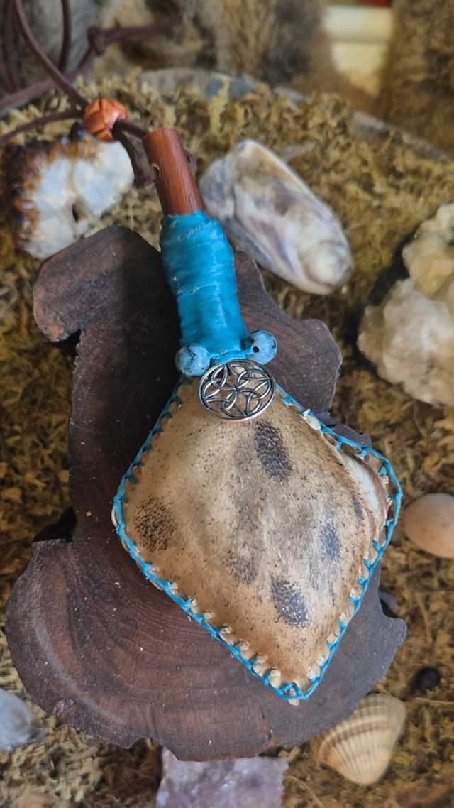 Red Stag Shamanic Rattle Necklace with celtic charm