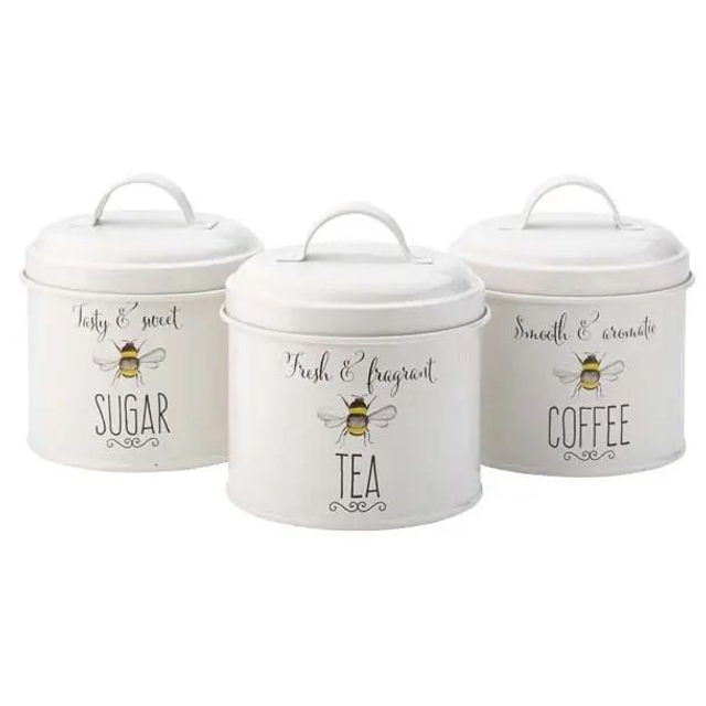 Set of 3 'Bee Happy' Tea Coffee Sugar Tins Airtight Kitchen Storage Canisters