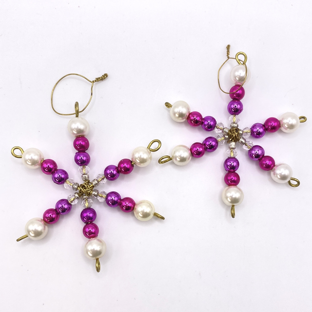 UPCYCLED Snowflake Star Mini Christmas Decorations x 2 Pink, Cream and Gold tone vintage beads