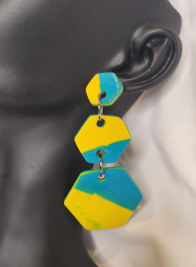 Polymer clay earrings (hexagon) yellow and blue 