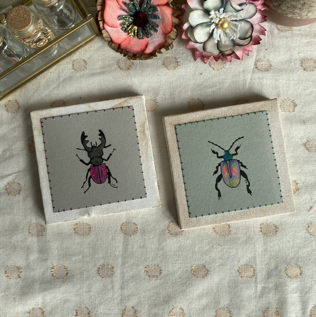 Lot de 2 cadres insectes peints et brodés 