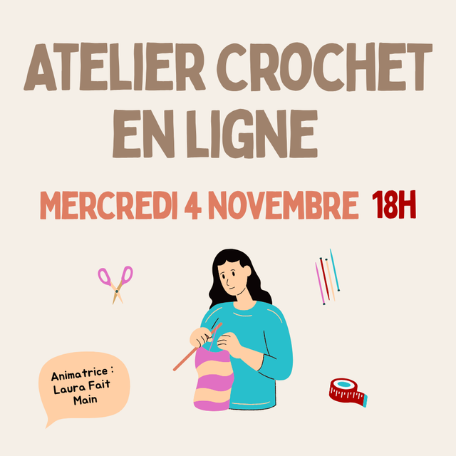 Atelier crochet en ligne 2h - Mercredi 4 novembre à 18h - Initiation aux bases
