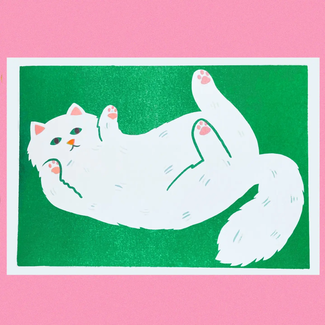 A4 Risograph Stretching White Cat Print