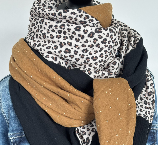 Foulard triangle — Noir, camel pois dorés &amp; léopard beige