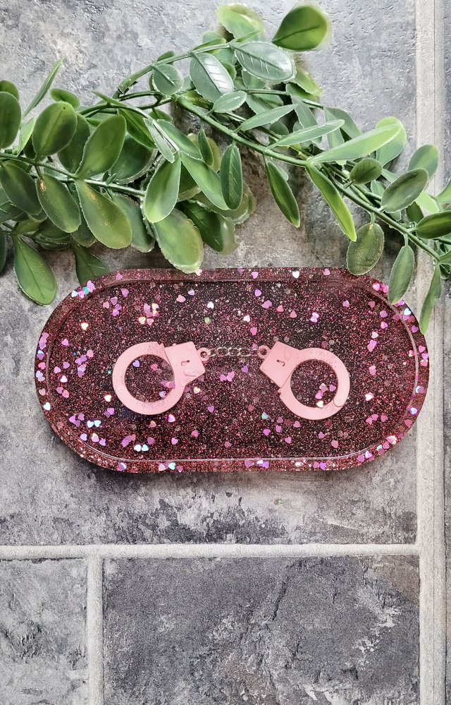 Trinket Tray - Pink Glitter Hearts and Handcuffs