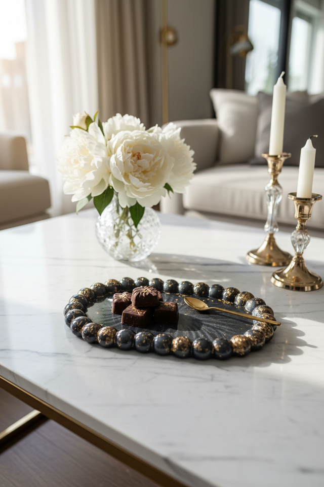 Plateau bijoux galets design- Gris anthracite &amp; paillettes champagne