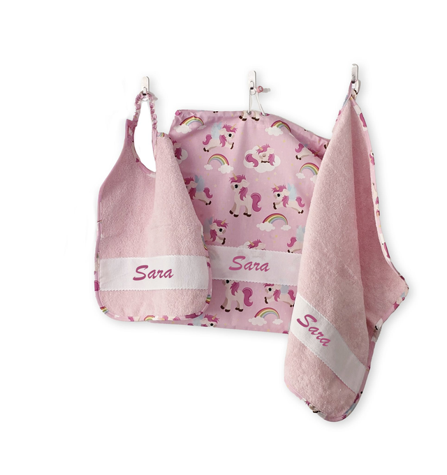 SET UNICORNI rosa 3 PEZZI nome ricamato