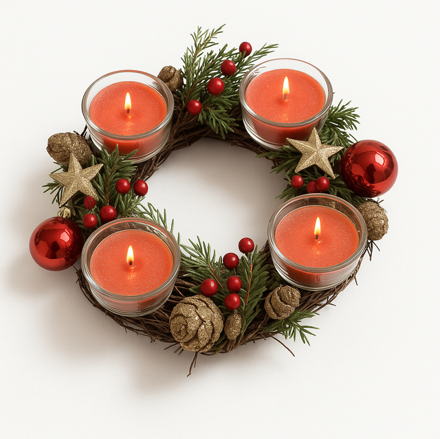 Red Wreath with 4 Scented Candles 