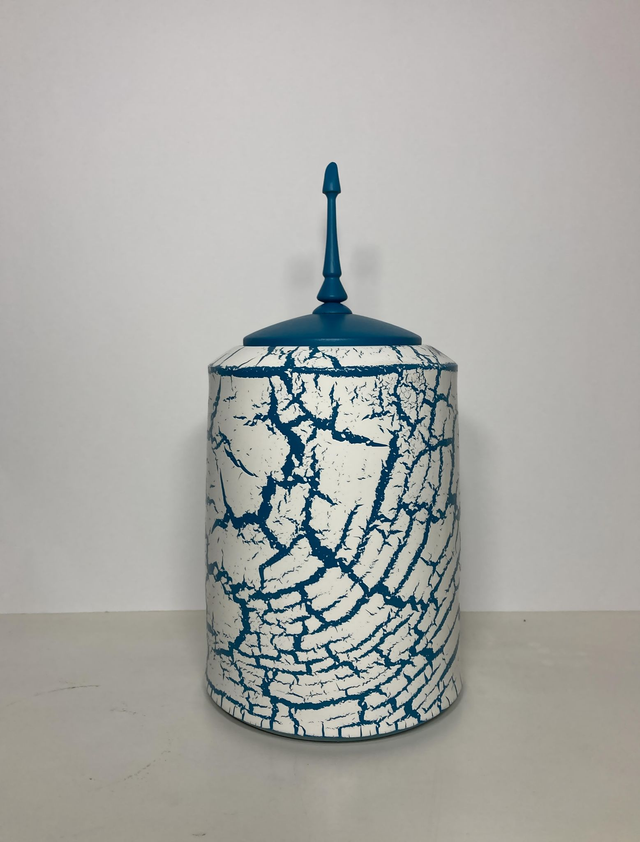 Ash wood finial pot with crackle effect finish.