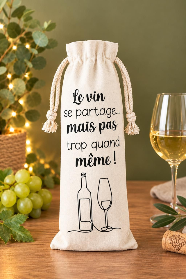 Sac à bouteille humour “Le vin se partage… mais pas trop quand même” – cadeau apéro entre amis | Ma Bulle Créative