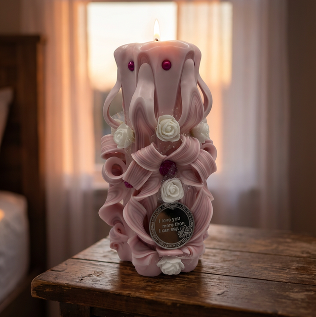 Hand-Carved Pillar Candle – Artisan Decorative Candle - Pink, I Love You JC49