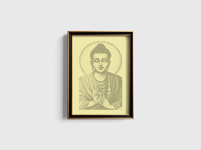 A3 Schreibmaschinen-Porträt Buddha meditierend in Schwarz auf Elfenbein