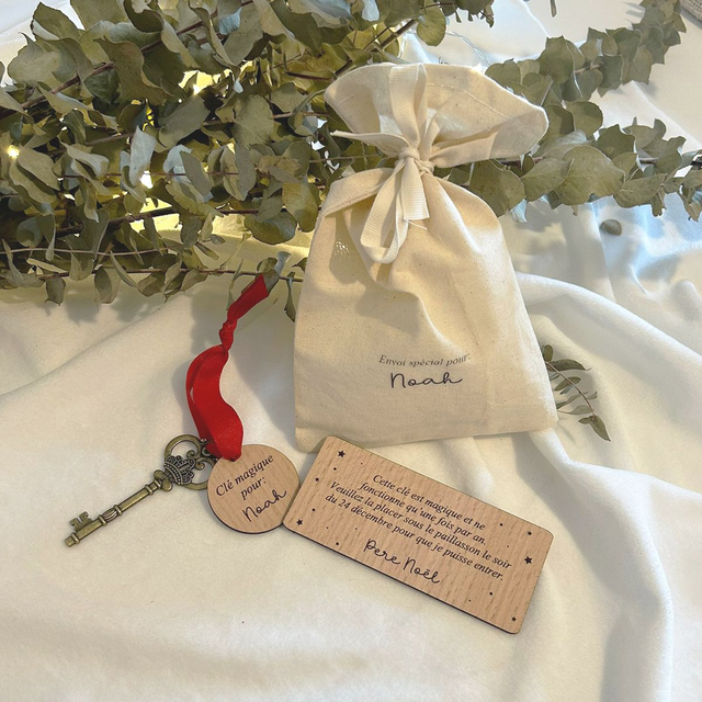 Clé magique du Père Noël – Sac en coton personnalisé avec prénom