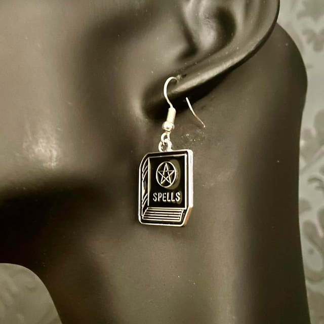 Enamel spell book silver plated earrings 